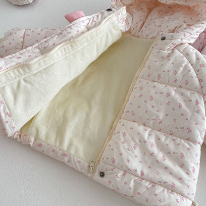 2025 Winter Girls’ Floral Cotton Coat Hooded Padded Jacket with Bow Decor