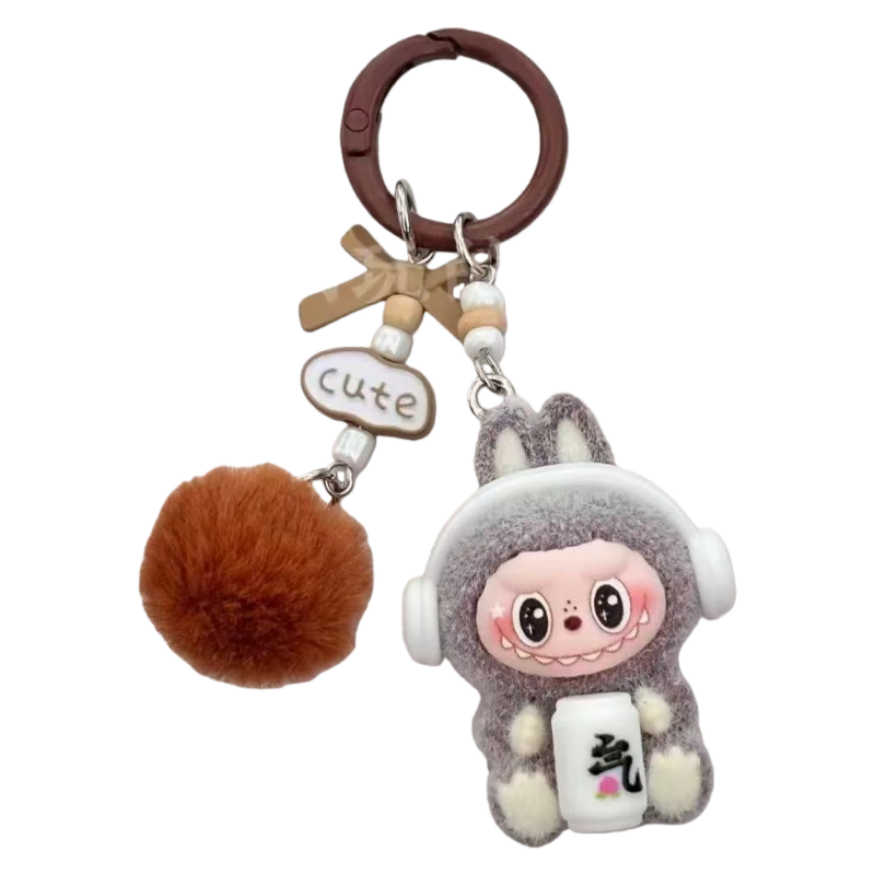 New Flocked Keychain Plush Pendant Labubu Headphone Figure Creative Hanging Ornament