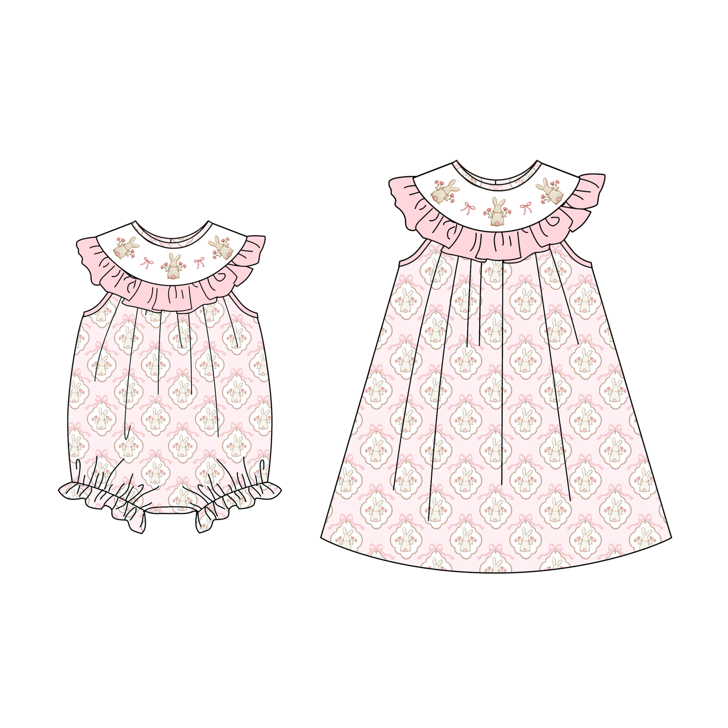 Easter Summer Pink Bunny Bow Embroidery Smock Dress & Romper