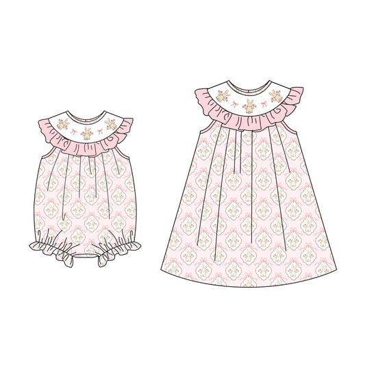Easter Summer Pink Bunny Bow Embroidery Smock Dress & Romper