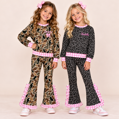 Personalized Girls Camo & Leopard Print Ruffle Pants Set – Custom Name Embroidery Long Sleeve Outfit