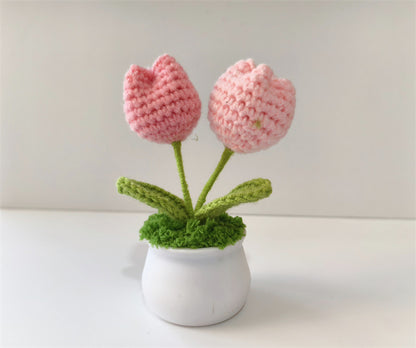 Handmade Knitted Flower Pot – Yarn Sunflower, Carnation & Tulip Desk Decor