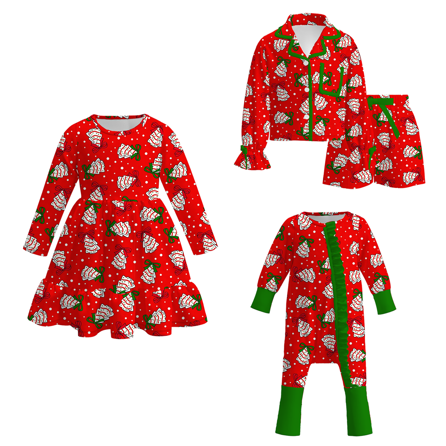 Christmas Matching Kids Pajama Collection – Holiday Tree Print Dress, Romper & Two-Piece Set