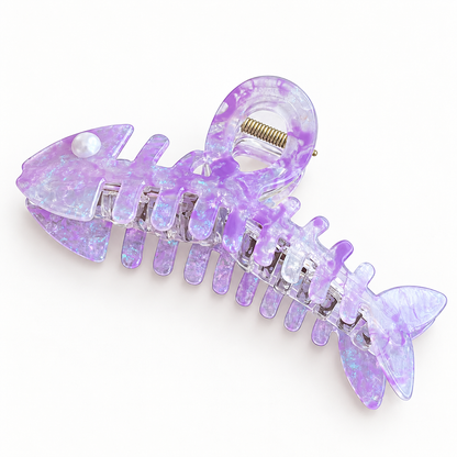 Iridescent Fishbone Hair Claw Clip – Acetate-Look Fish Skeleton Clip with Faux Pearl Eye