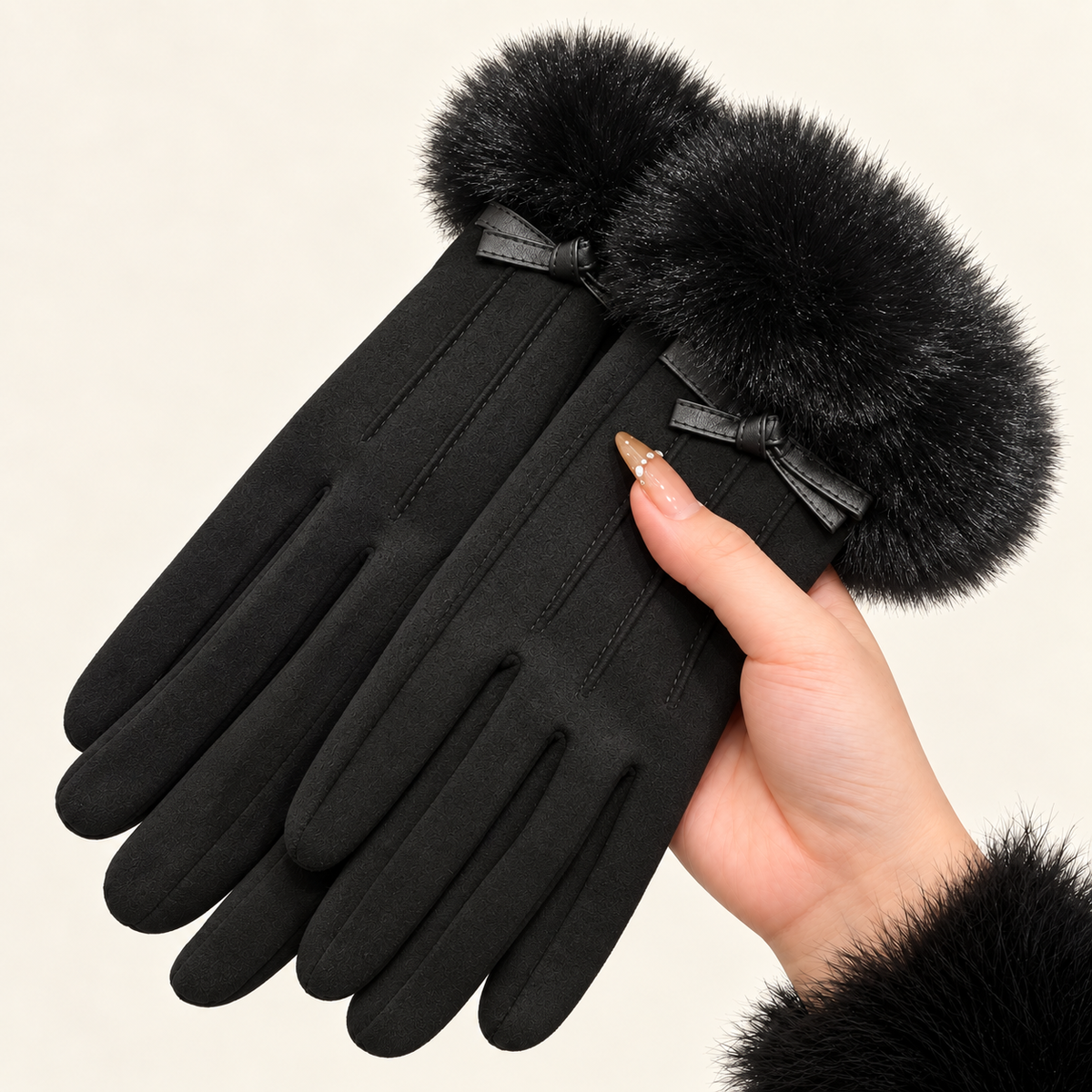 Women’s Touchscreen Winter Gloves with Faux Rabbit Fur Cuffs & Warm Fleece Lining