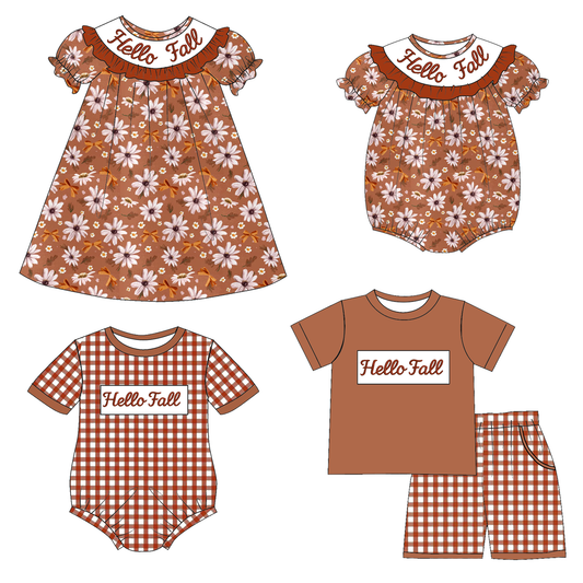 Hello Fall Sibling Outfit Set – Embroidered Smocked Autumn Collection