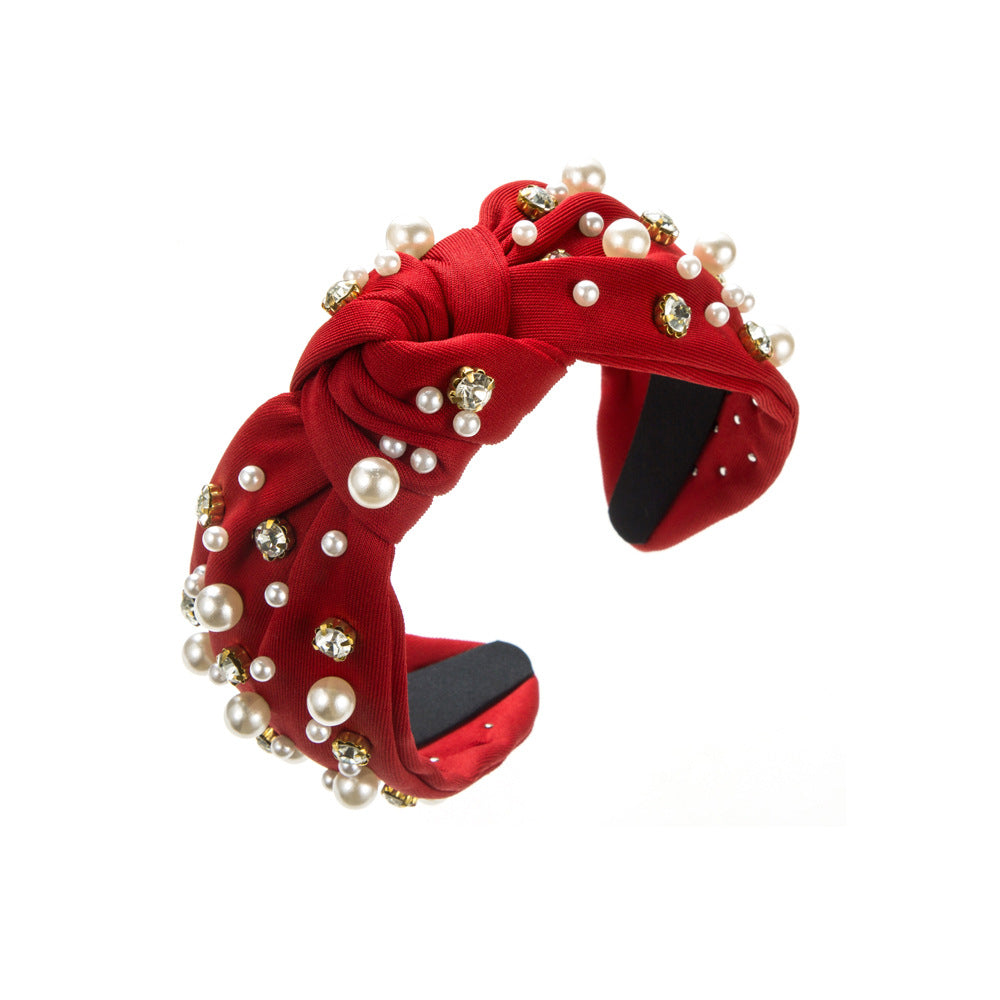 Wide Knotted Headband with Pearls & Rhinestones Padded Fashion Hair Band for Women & Girls