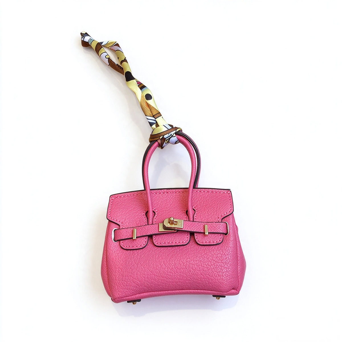 Mini Top Handle Lock Bag Handbag Charm with Scarf – Faux Leather Coin Purse