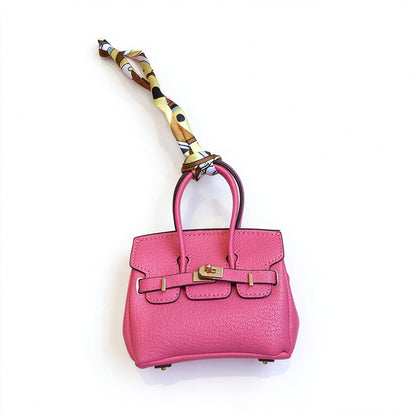 Mini Top Handle Lock Bag Handbag Charm with Scarf – Faux Leather Coin Purse