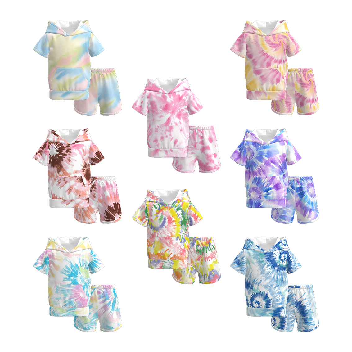 Girls Summer Tie-Dye Outdoor Hoodie Pocket Shorts Set