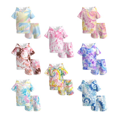 Girls Summer Tie-Dye Outdoor Hoodie Pocket Shorts Set