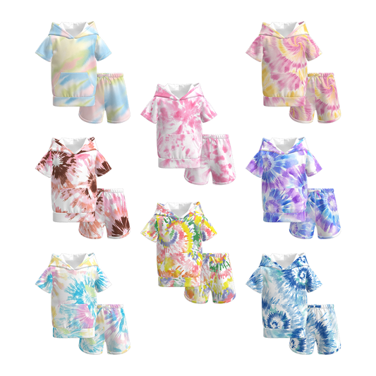Girls Summer Tie-Dye Outdoor Hoodie Pocket Shorts Set