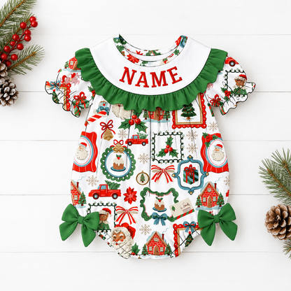 Personalized Christmas Smocked Dress & Baby Bubble Romper – Custom Name Embroidered Holiday Outfit for Girls