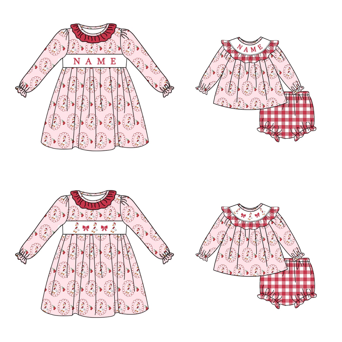 Girls Christmas Goose Smocked Embroidery Custom Name Dress & Baby Set