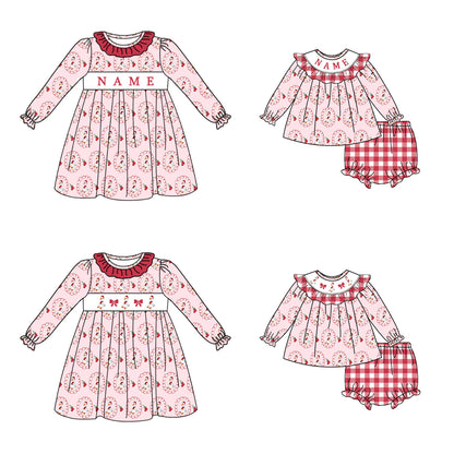 Girls Christmas Goose Smocked Embroidery Custom Name Dress & Baby Set