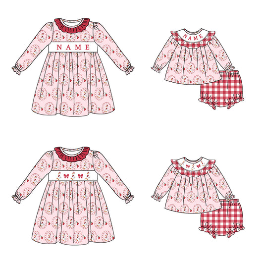 Girls Christmas Goose Smocked Embroidery Custom Name Dress & Baby Set