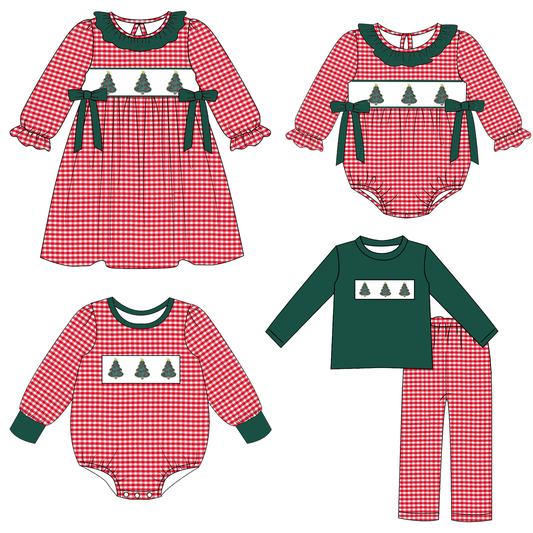 Christmas Smocked Collection – Red Gingham with Christmas Tree Embroidery
