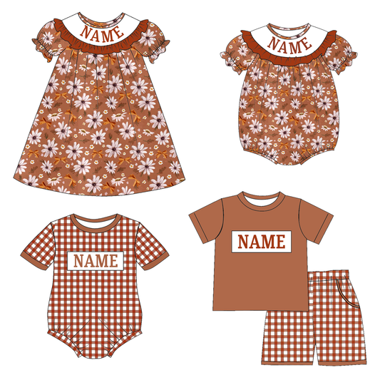 Kids Fall Custom Name Embroidery Brown Plaid Floral Sibling Clothes