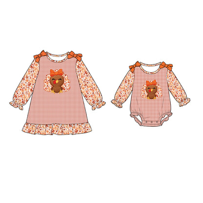 Thanksgiving Turkey Embroidery Sister Matching Outfit – Girls Dress & Baby Romper