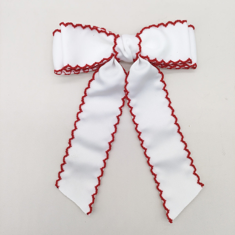 Girls Grosgrain Ribbon Bow Hair Clip – Contrast Scalloped Stitching & Long Ribbon Tails