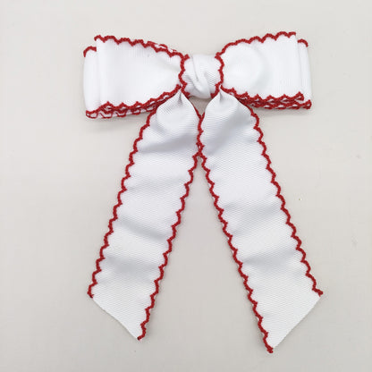 Girls Grosgrain Ribbon Bow Hair Clip – Contrast Scalloped Stitching & Long Ribbon Tails