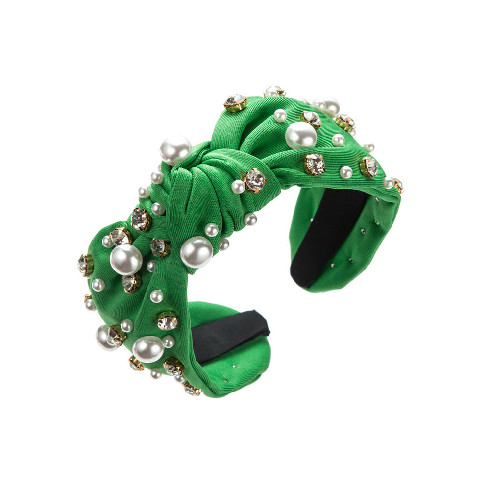 Wide Knotted Headband with Pearls & Rhinestones Padded Fashion Hair Band for Women & Girls