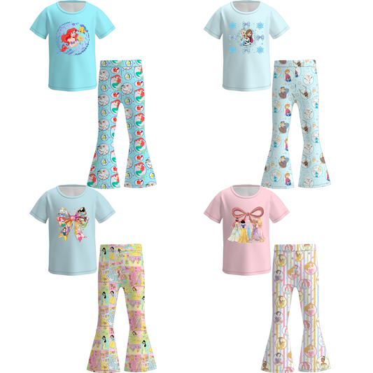 2026 Spring Girls Princess Bow Print Short Sleeves Top+Pant Set
