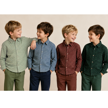 Boys Fall Winter Gingham Plaid Long Sleeve Button Down Shirt – Classic Checkered Casual Shirt for Kids