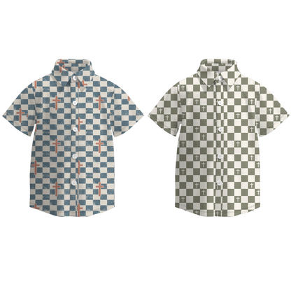 Boys Spring Easter Cross Plaid Short Sleeves Shirt