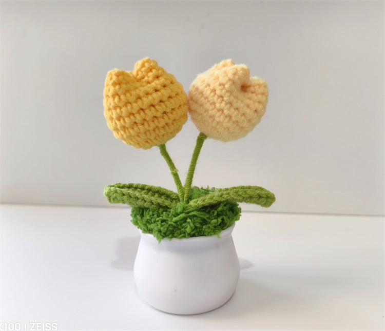Handmade Knitted Flower Pot – Yarn Sunflower, Carnation & Tulip Desk Decor
