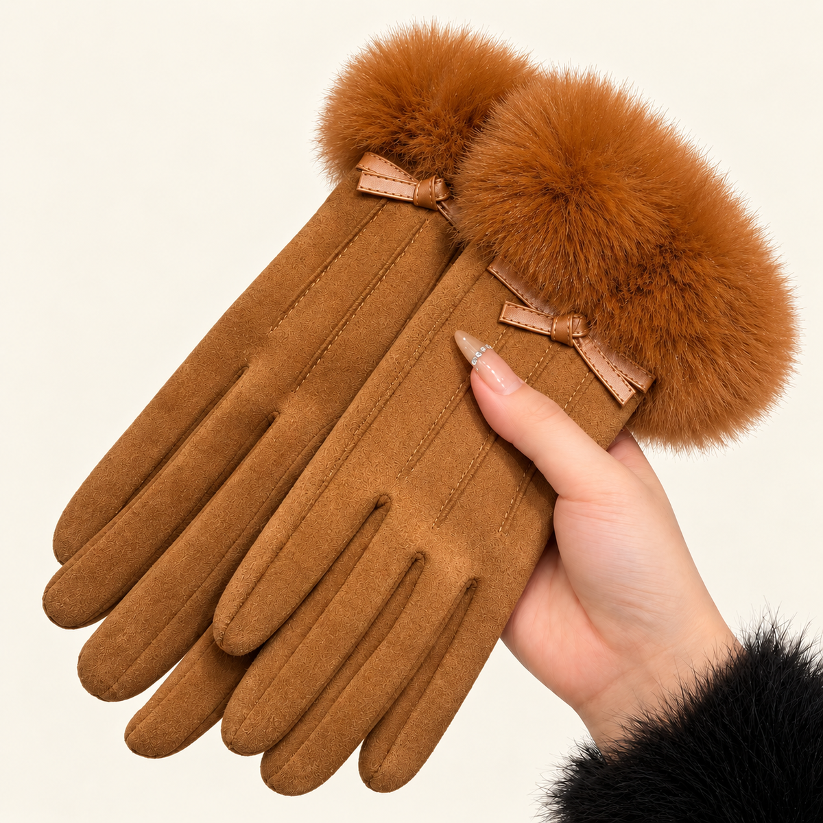 Women’s Touchscreen Winter Gloves with Faux Rabbit Fur Cuffs & Warm Fleece Lining