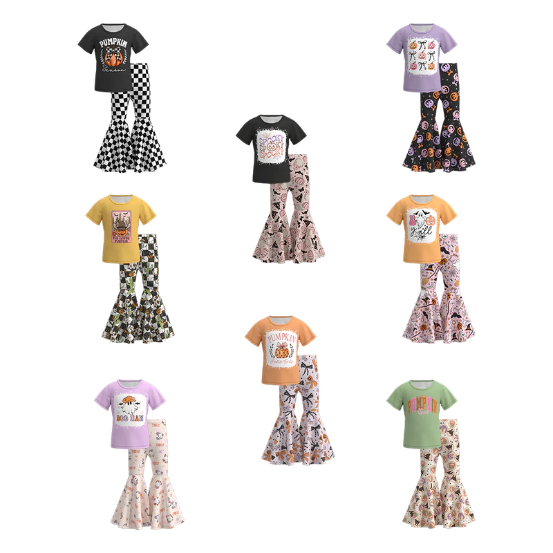 Girls Halloween Pumpkin Ghost Bow Print Bell Pant Sets