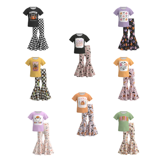 Girls Halloween Pumpkin Ghost Bow Print Bell Pant Sets