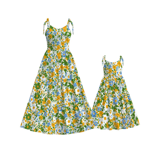 Mommy and Me Yellow Green Floral Print Summer Soft Maxi Dress