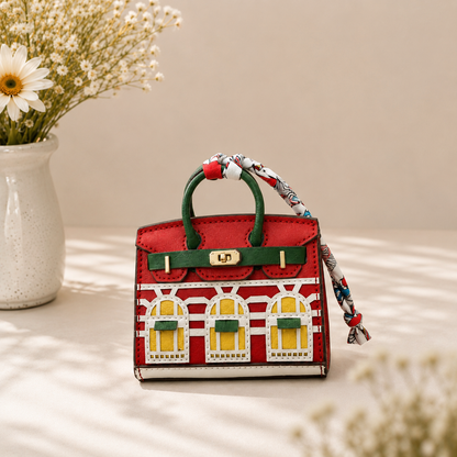 Mini House Bag Charm with Scarf – Faux Leather Coin Purse & Earbud Pouch