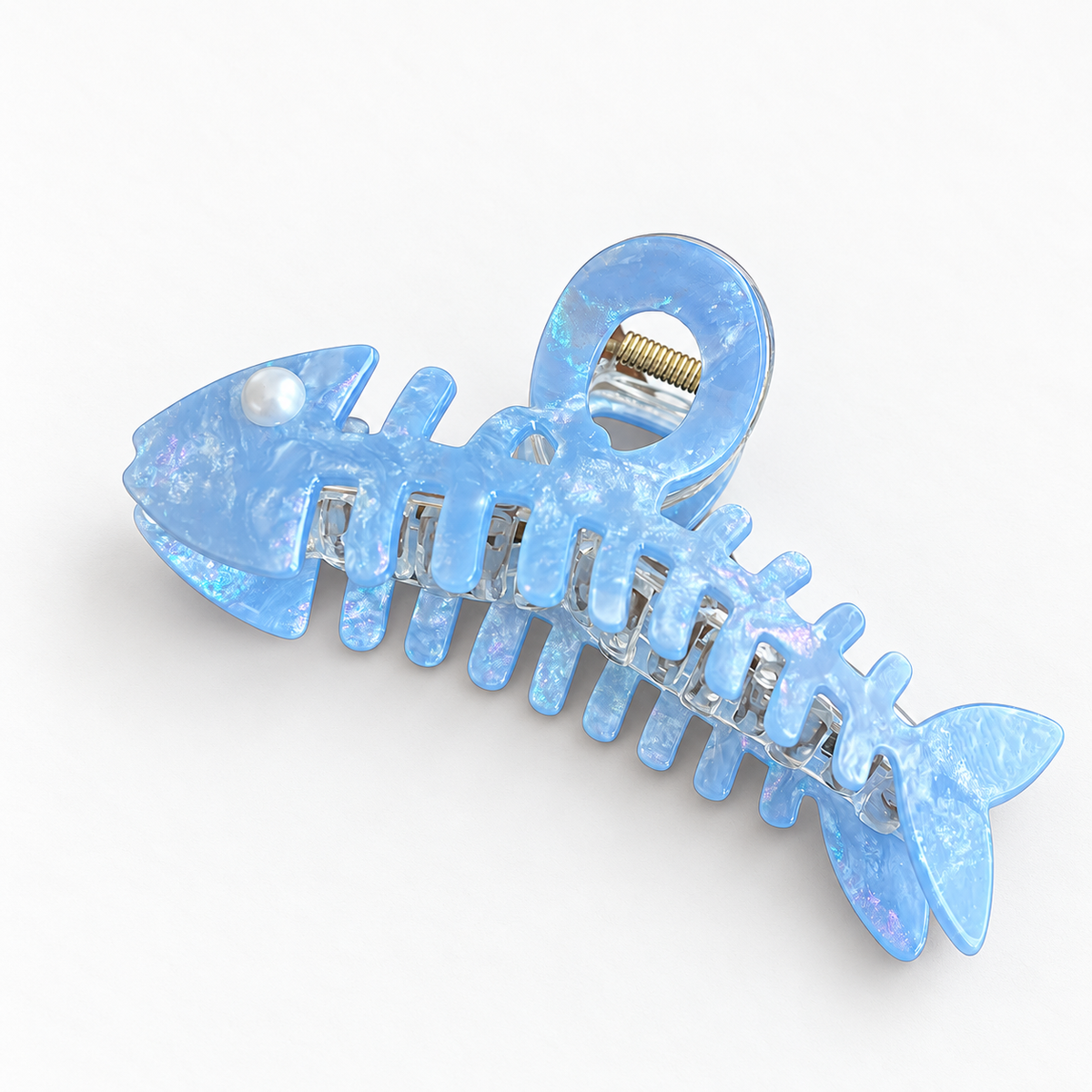 Iridescent Fishbone Hair Claw Clip – Acetate-Look Fish Skeleton Clip with Faux Pearl Eye