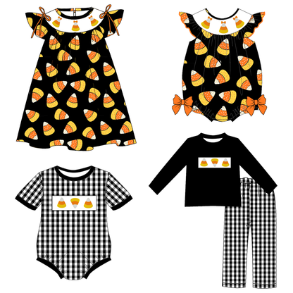 Halloween Candy Corn Sibling Outfit Set – Embroidered Smocked Collection