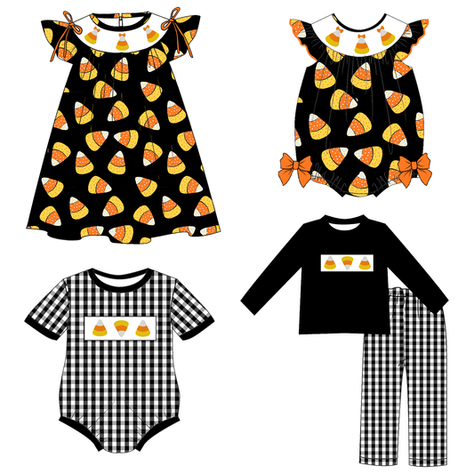 Halloween Candy Corn Sibling Outfit Set – Embroidered Smocked Collection