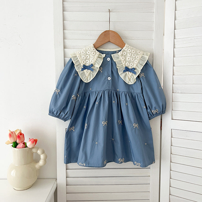 Girls Blue Bow Print Dress & Baby Romper – Lace Collar Sister Matching Outfit
