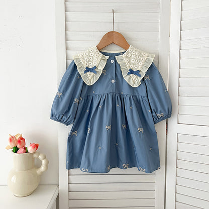 Girls Blue Bow Print Dress & Baby Romper – Lace Collar Sister Matching Outfit