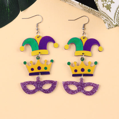 Mardi Gras Carnival Acrylic Stud Earrings Mask, Crown & Hat Festival Jewelry