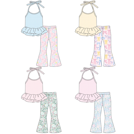 Girls Summer Ruffle Halter Top & Flare Pants Set – Gingham Tank with Printed Bell-Bottom Leggings (2-Piece Outfit)