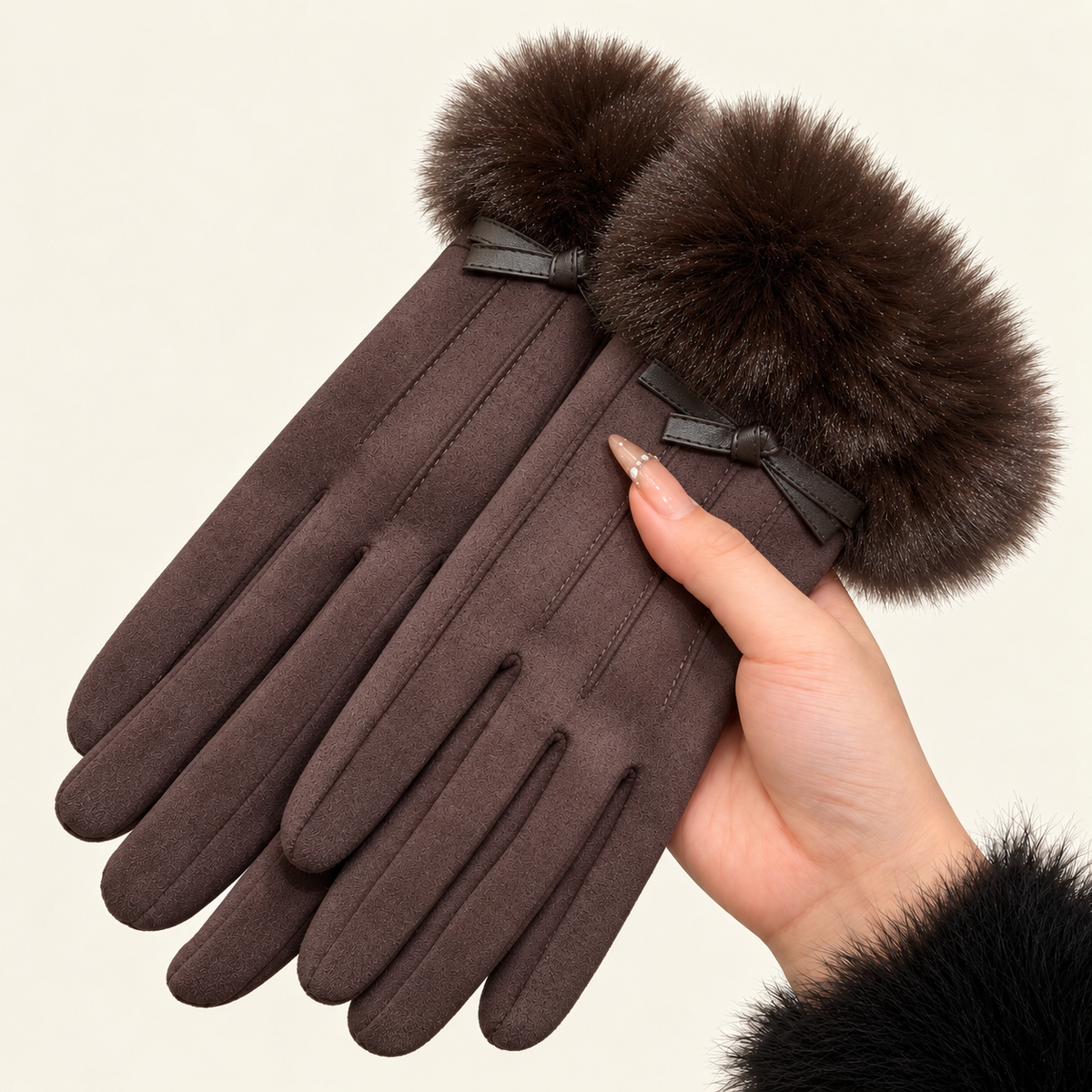 Women’s Touchscreen Winter Gloves with Faux Rabbit Fur Cuffs & Warm Fleece Lining