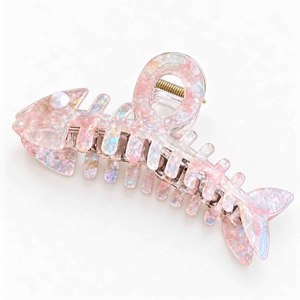 Iridescent Fishbone Hair Claw Clip – Acetate-Look Fish Skeleton Clip with Faux Pearl Eye