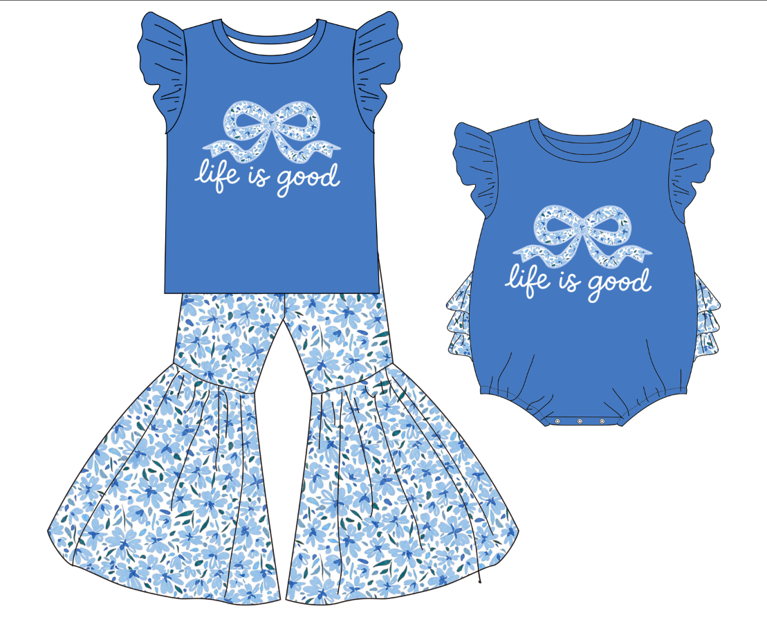 2026 Spring Summer "LIFE IS GOOD" Embroidery Floral Pant Set & Romper