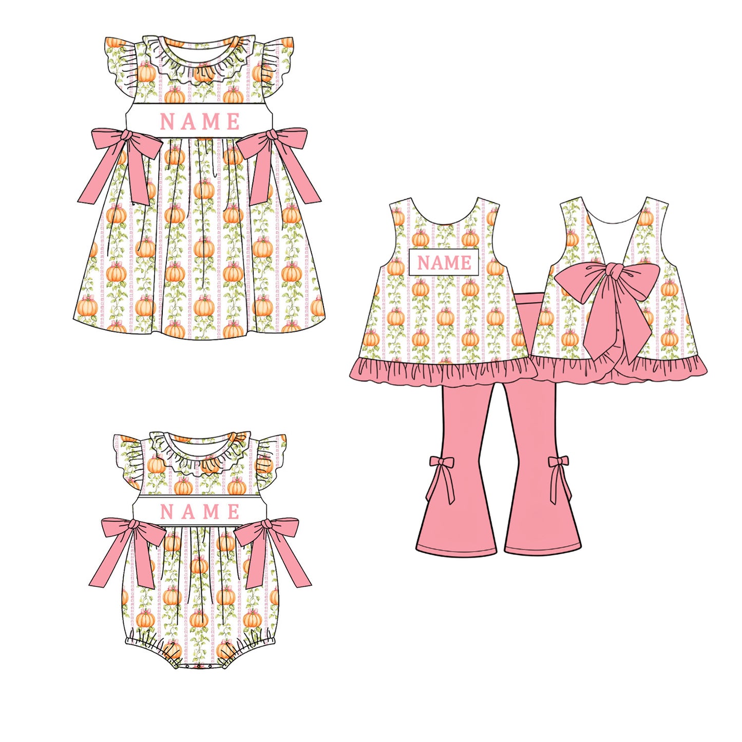 Personalized Pink Pumpkin Collection | Custom Name Dress, Bubble Romper & Bell Bottom Set