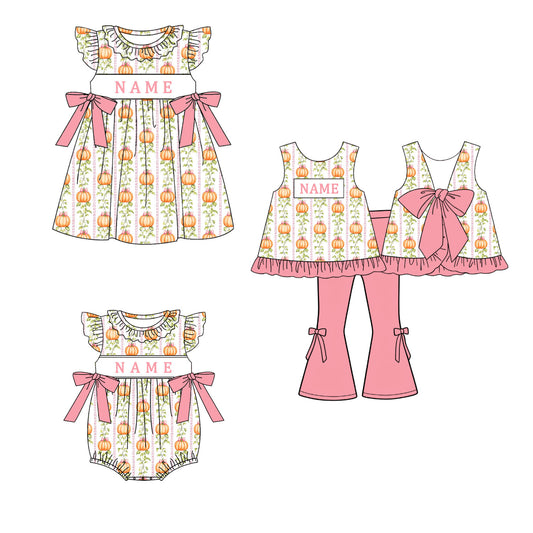Personalized Pink Pumpkin Collection | Custom Name Dress, Bubble Romper & Bell Bottom Set