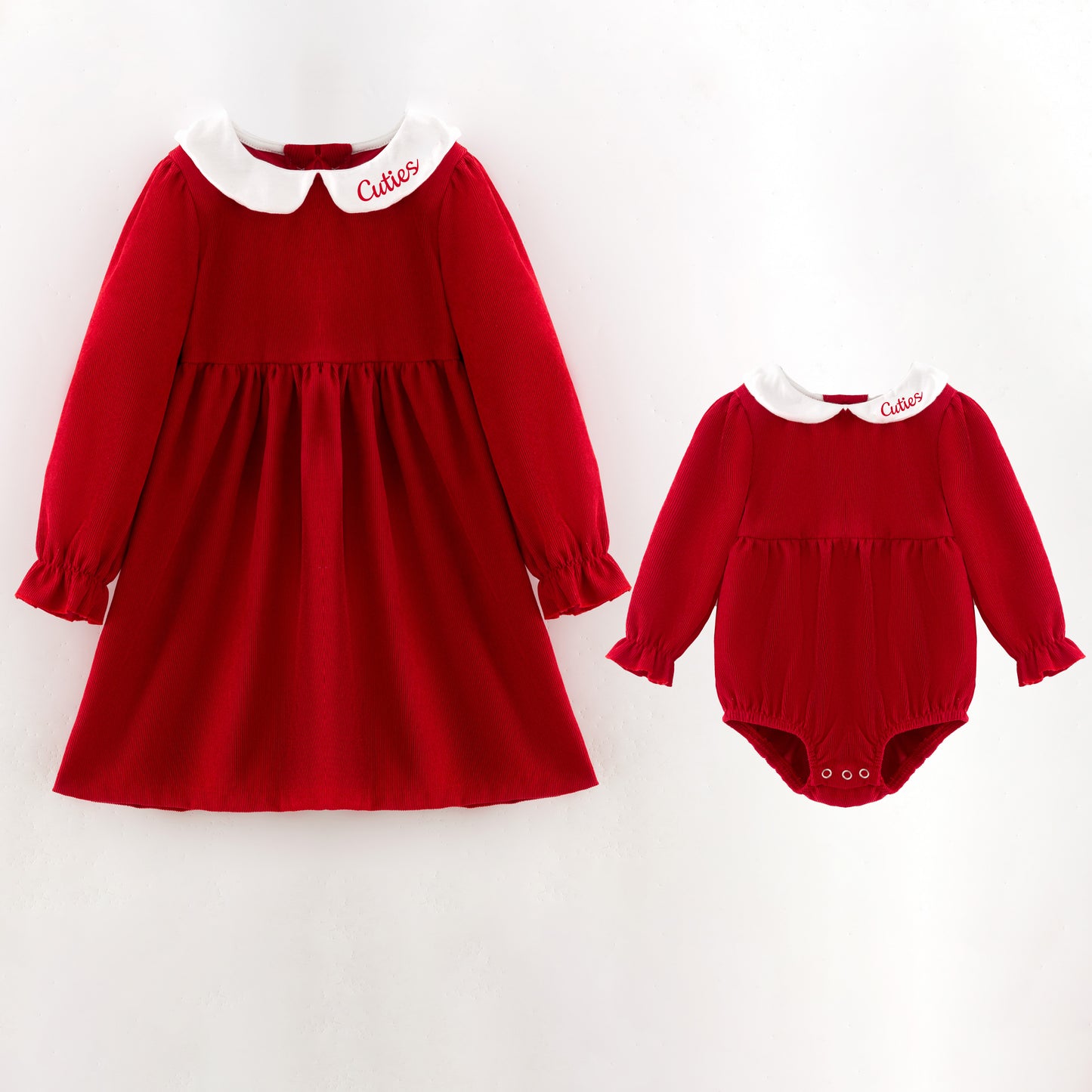 Red Corduroy V-days Sibling Clothes –CUTIES Embroidery
