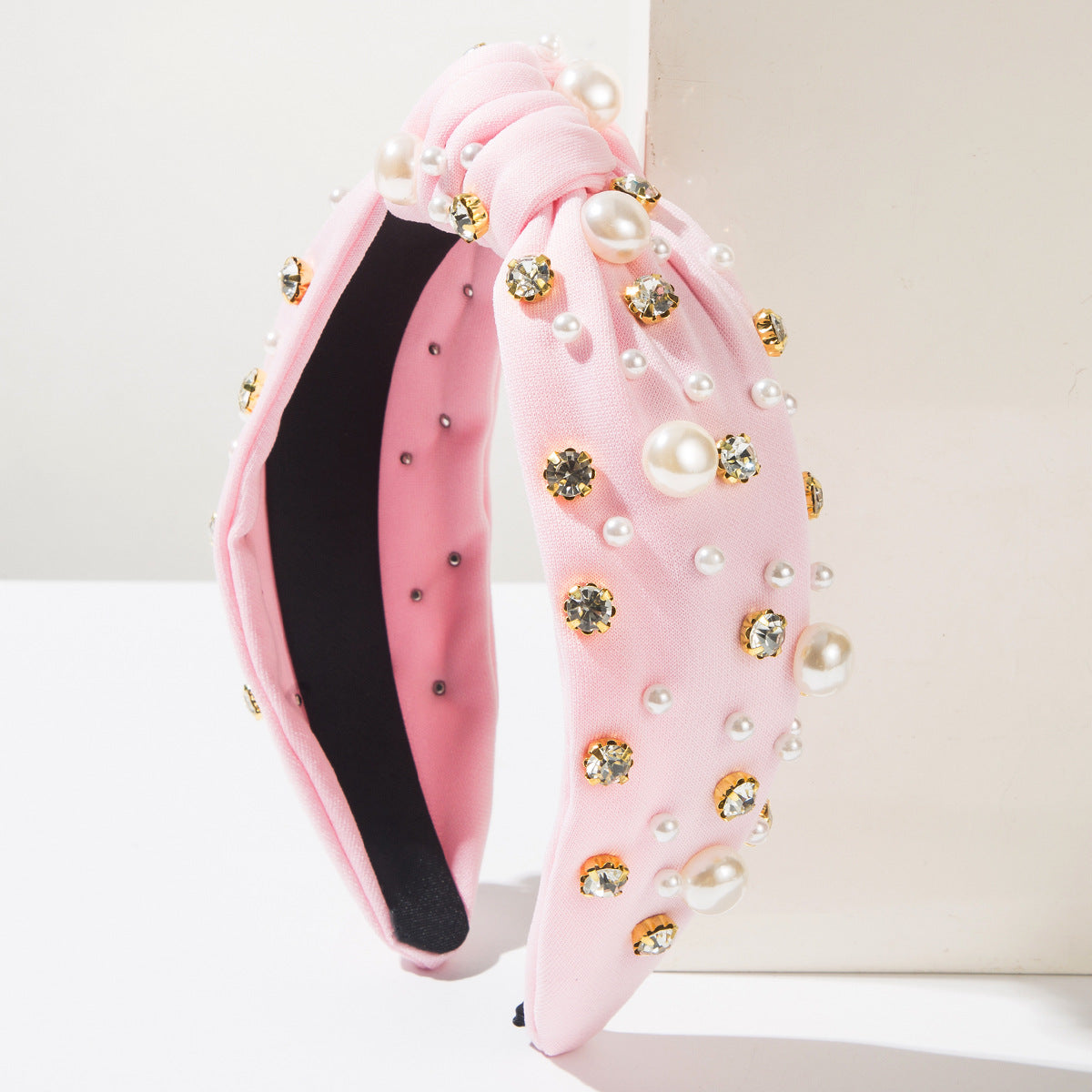 Wide Knotted Headband with Pearls & Rhinestones Padded Fashion Hair Band for Women & Girls