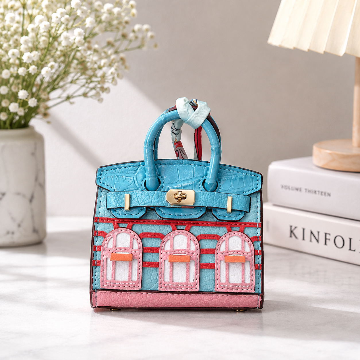 Mini House Bag Charm with Scarf – Faux Leather Coin Purse & Earbud Pouch